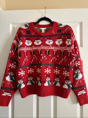H&M Red Knit Crewneck Christmas Holiday Ugly Sweater